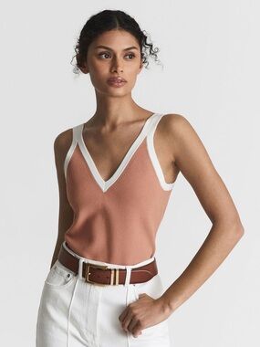 NWOT REISS Olivia Colorblock Linen Knit Tank Dusty Rose Ivory XS